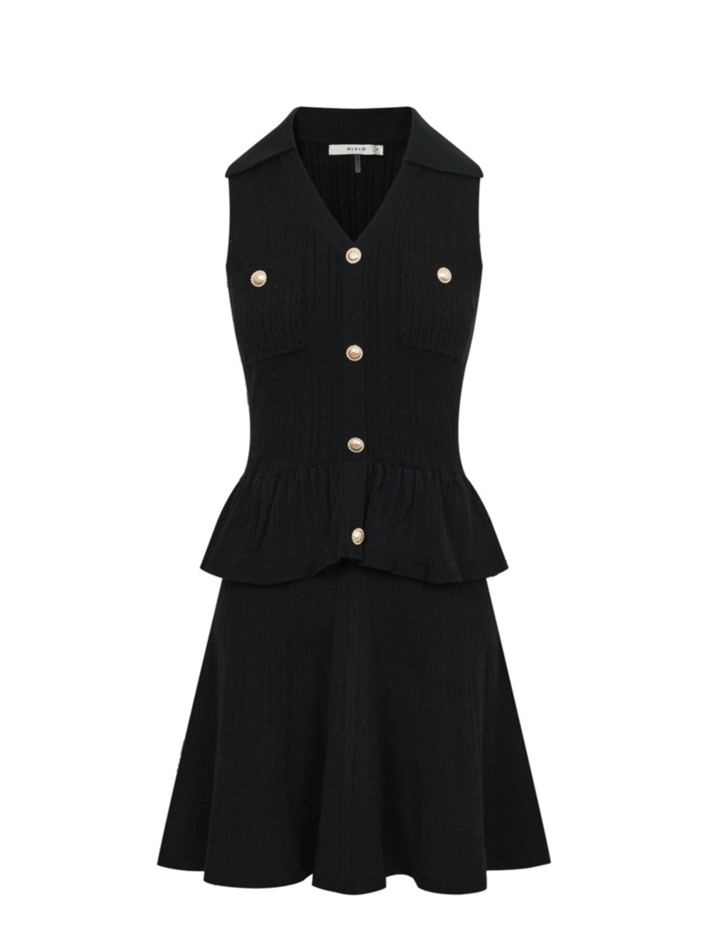Black Tweed Mini Dress | Gold Button Sleeveless Peplum | Chic Luxury M - Picture 2 of 6